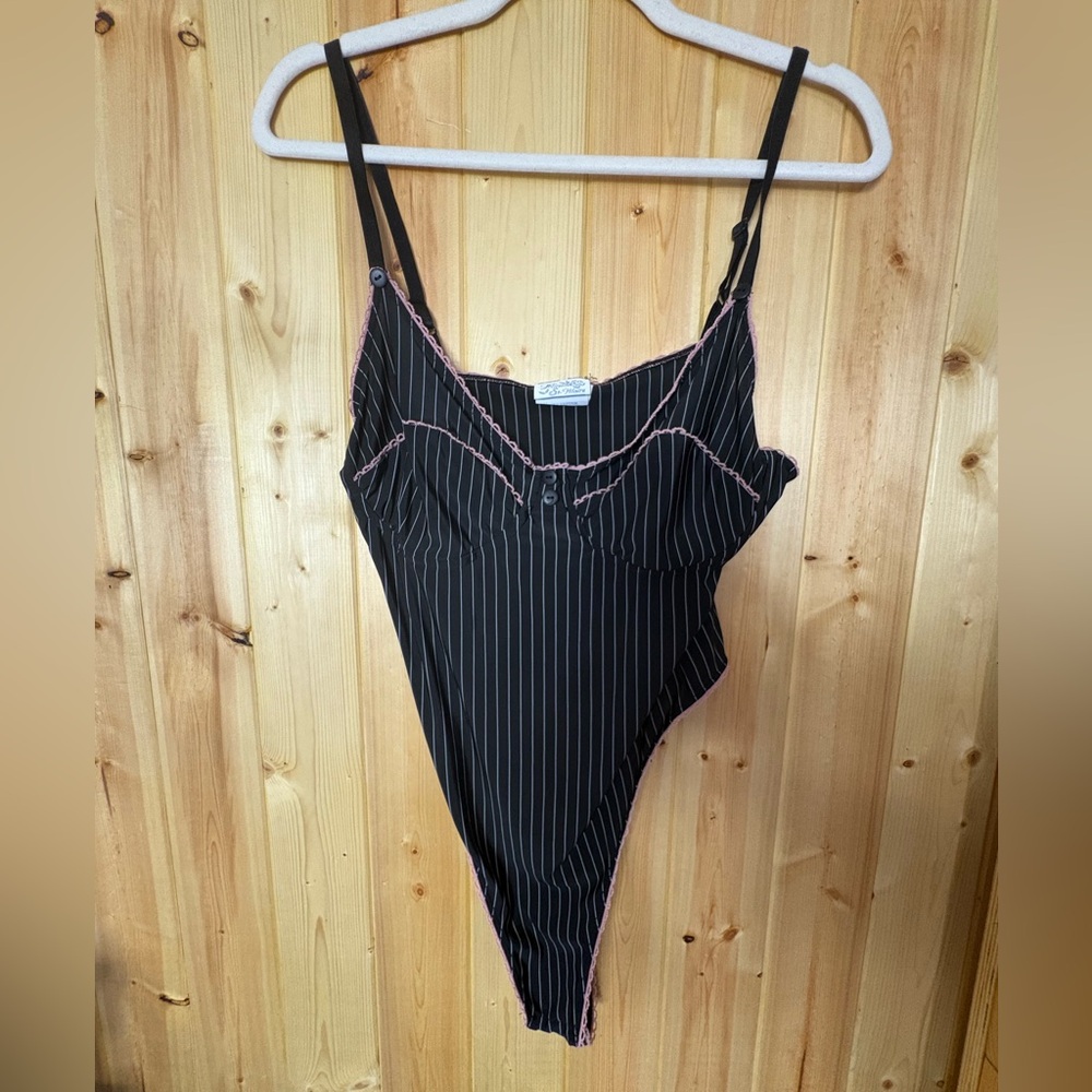 VTG Mireille St Hilaire thong bodysuit lingerie Black pink stripe French maid Lg